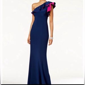 Asymmetrical blue dress with pink ruffle